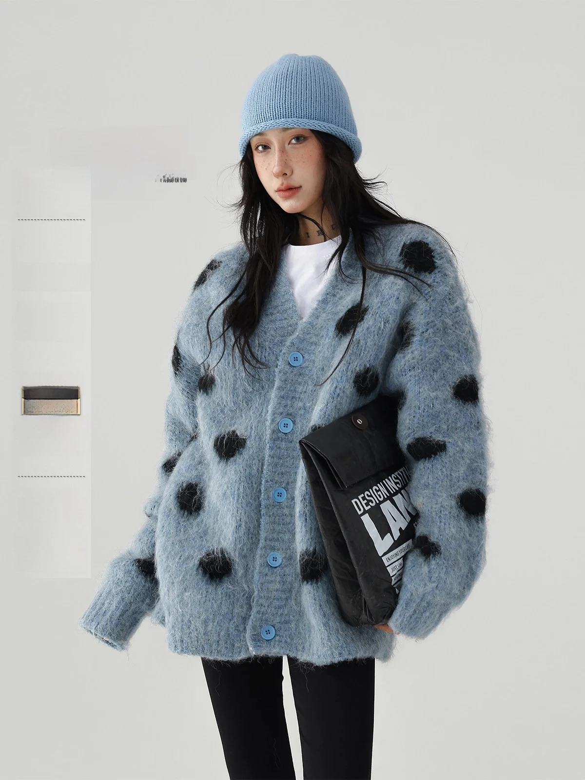 

Acestudios American Retro Lazy Sle Blue Leopard Print Camere Knitted Open Cardigan Sweater Women Winter Warm Faion