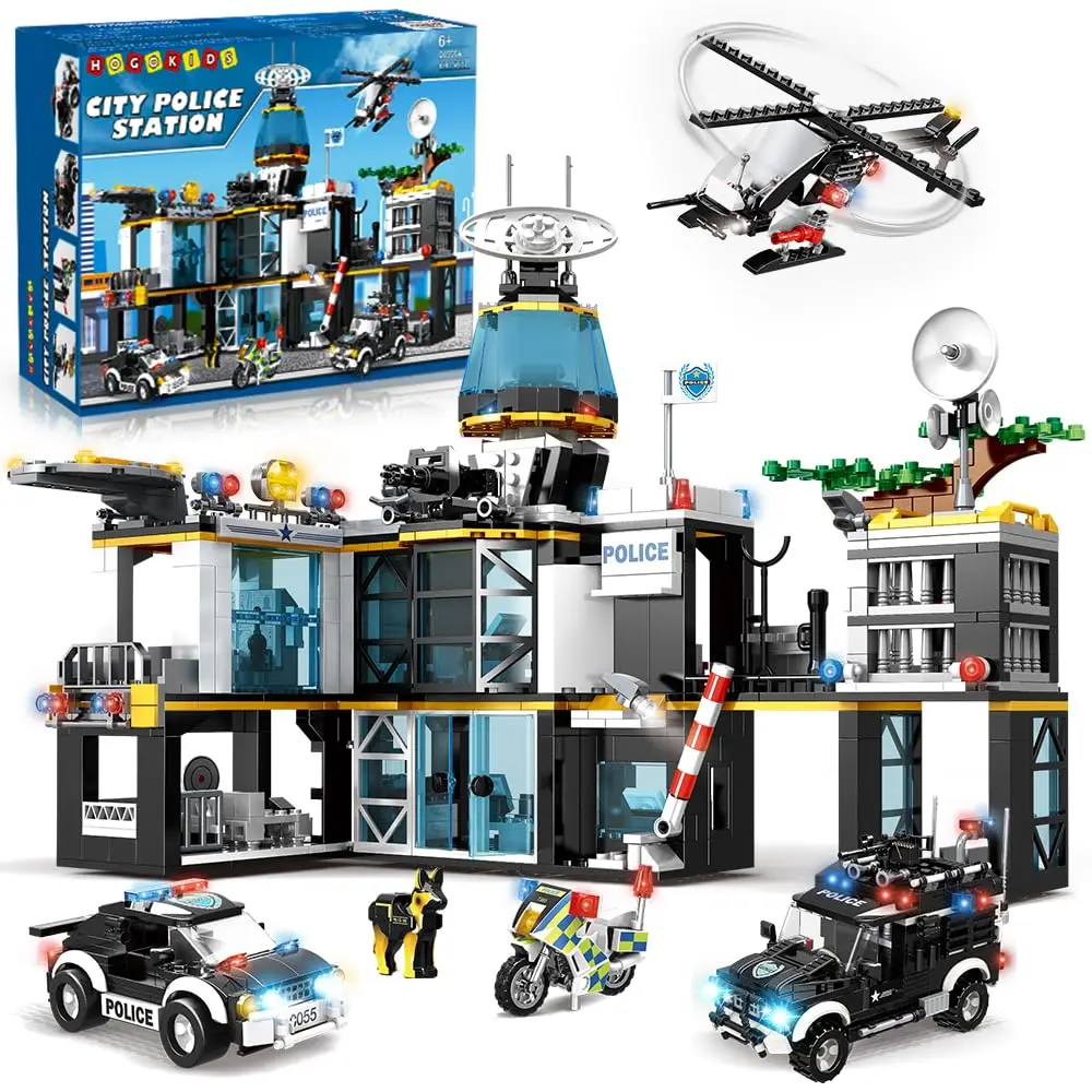 HOGOKIDS Set di Costruzioni Stazione di Polizia Cittadina 1261 Pezzi, Giocattoli con Elicottero, Moto e 2 Auto, Set STEM per Costruzioni Policiali, Regalo di Natale e Compleanno per Bambini