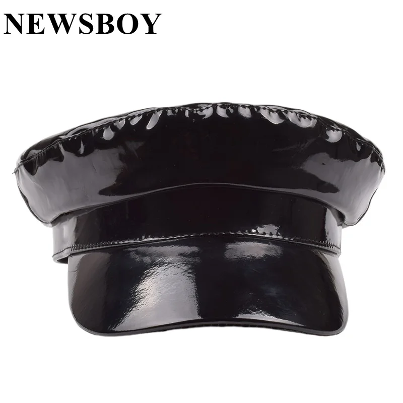 

NEWSBOY Cap Black Patent Leather Military Hat Women Yellow Bright Color Fashion Design Ladies Army Hat Spring Autumn Sailor Hat