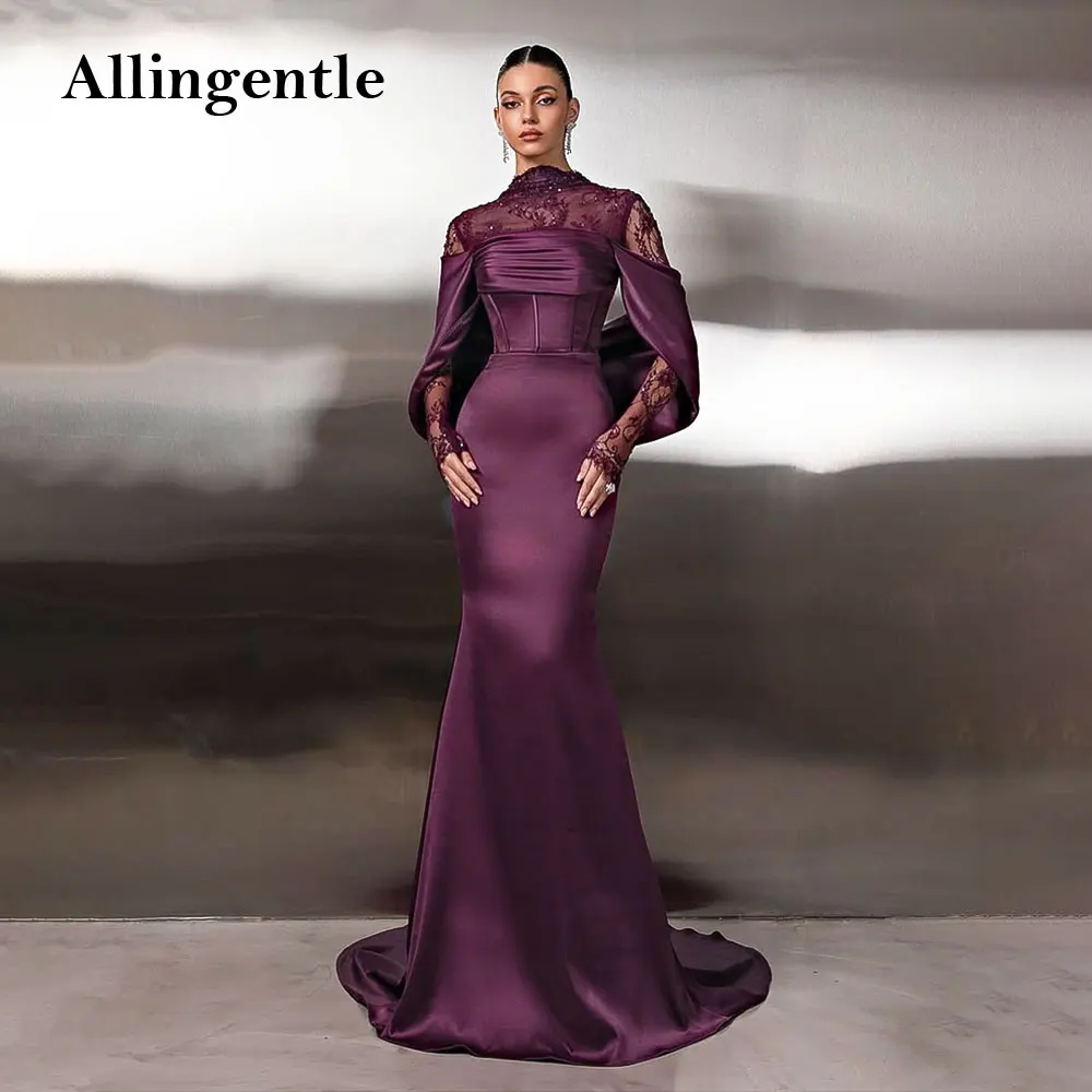 Elegante roxo sereia vestidos de noite alta pescoço até o chão mangas compridas vestido de ocasião formal فساتmaveraPersonalizzato