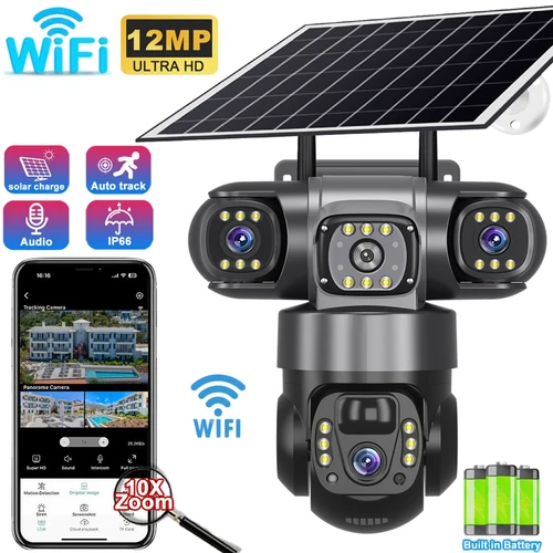 Cámara Solar HD de 12MP para exteriores, 3 lentes, 3 pantallas, Zoom 10X, visión nocturna CCTV, IP66, impermeable, PIR, detección humana, cámara de seguridad Wifi