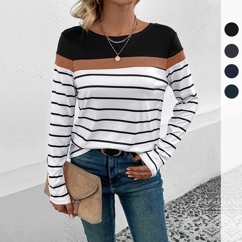

New Autumn Casual Top Pullover Splicing Crew Neck Long Sleeve Striped T-Shirt Women