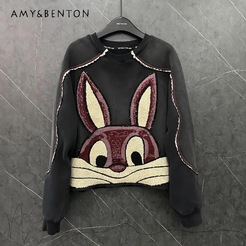 2024 Autumn Winter New Heavy Industry Flocking Cartoon Embroidery Fleece Crew Neck Sweatshirt Women\'s Loose Casual Style Hoodies