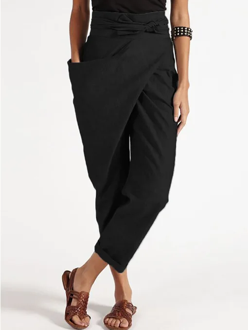 2025 European and American Women's Clothing Irregular Lace-up Nine-point Pants Casual Pants Women