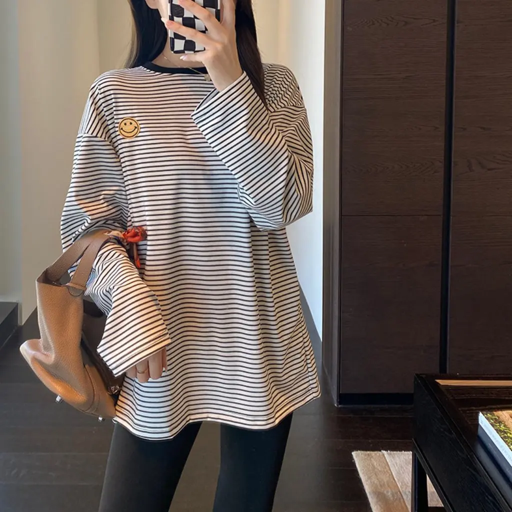 

Women's Long Sleeve T-shirt Double-Sided Velvet Warm Striped Embroidery Inner Double Wear Autumn Winter Base Shirt F102010
