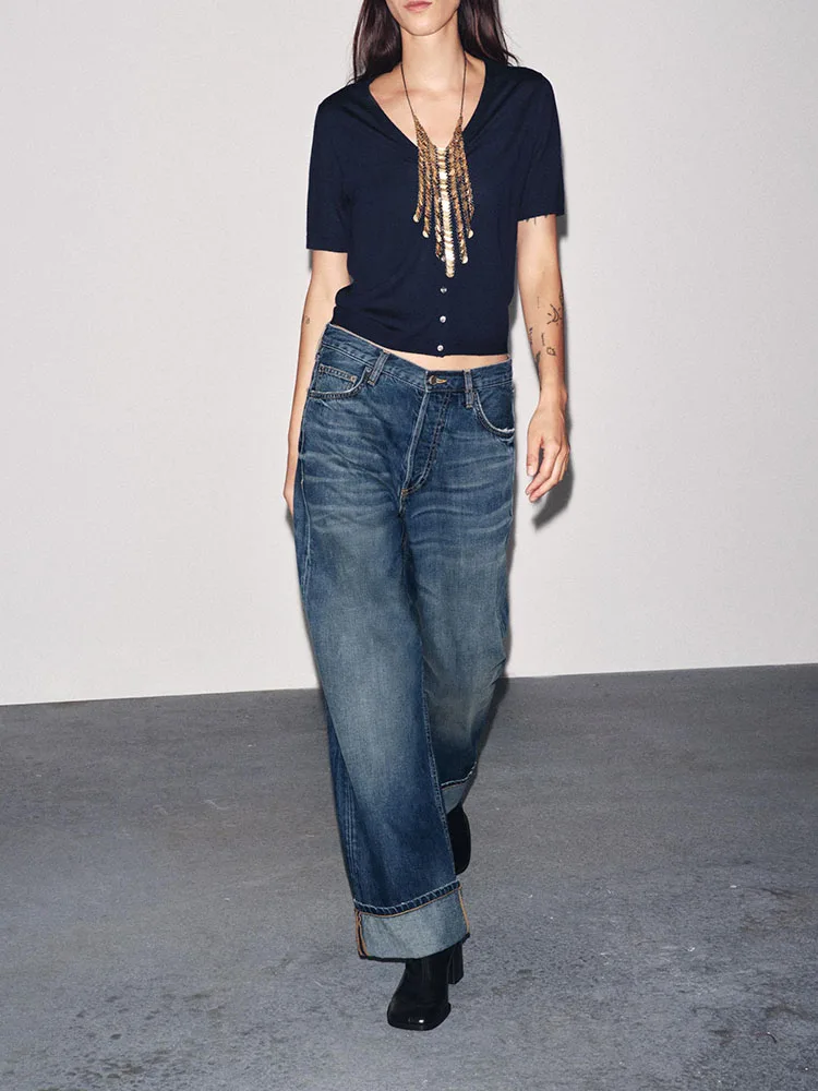 

High-End V-Ne ort Sve Jaet Women's Winter New Simple Match ZA2025 Sli Knitted Sweater Euro Sle ort Length