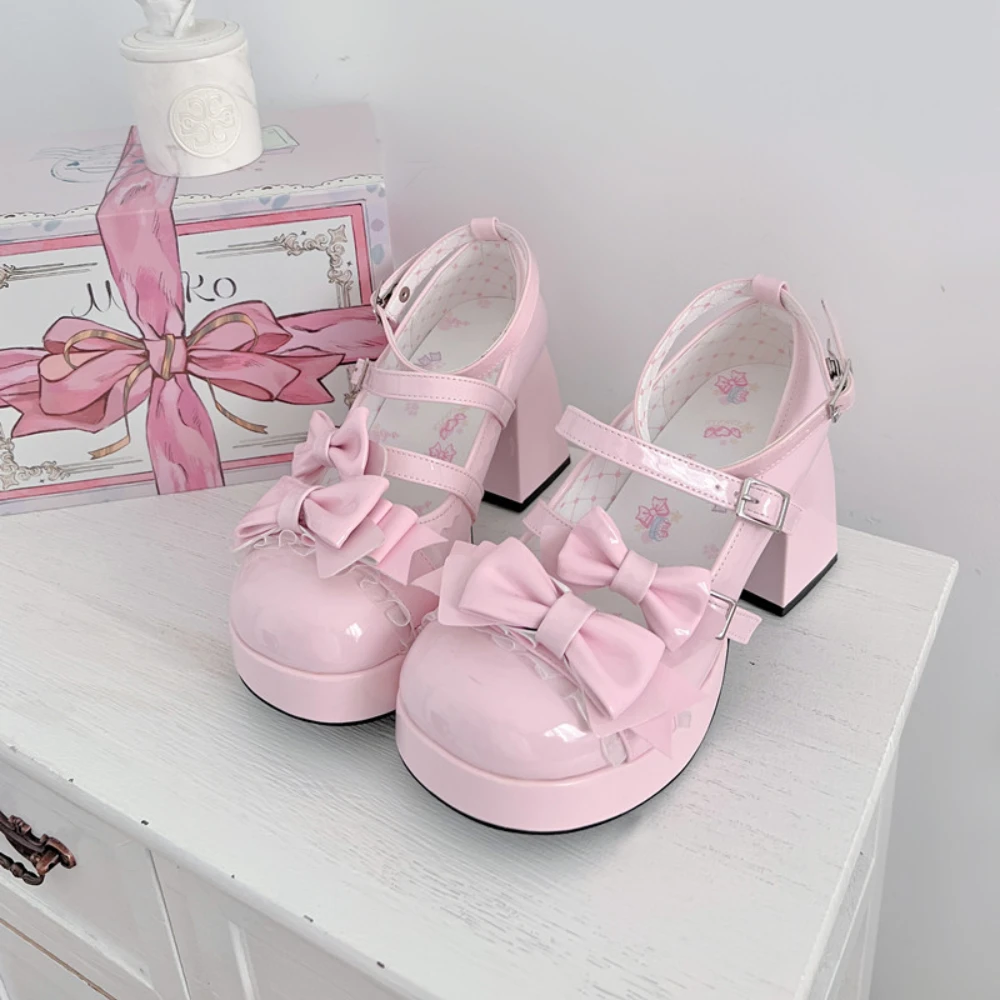 

Japanese Pink Lolita High Heels Elegant Girls Cute Bow Mary Jane Lace Leather Pumps Platform Girls Single Shoes Pumps