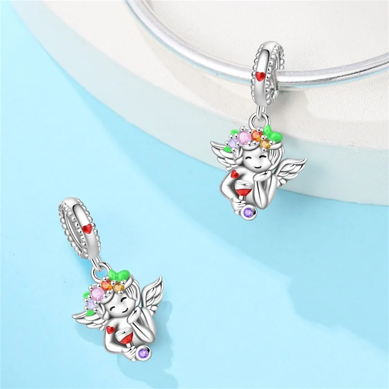 100% 925 Sterling Silver Cupid Angel Wings Arrow Red Wine Sweet Charms Beads Pendants Fit 3mm Bracelets DIY Fine Jewelry Making