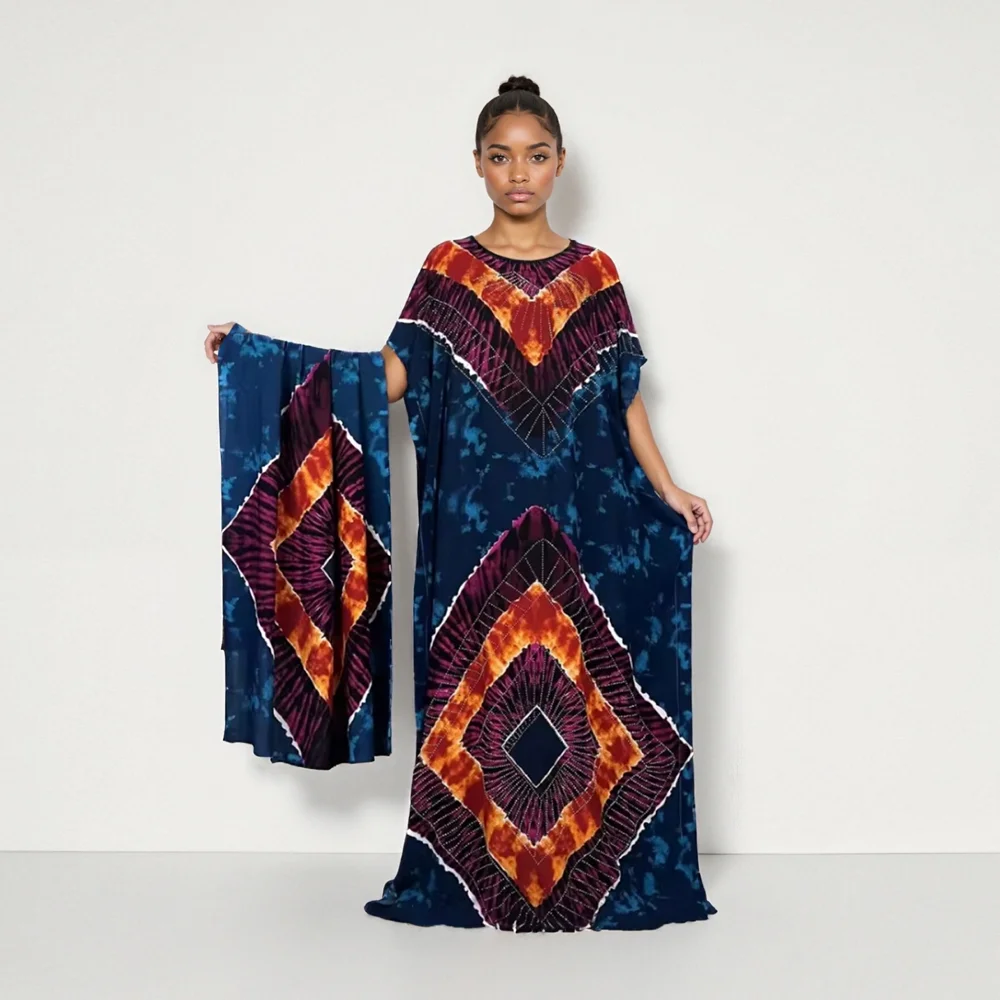 2025 модное свободное дышащее женское летнее хлопковое платье в стиле бриллиантов с вышивкой на груди ближневосточного африканского принта