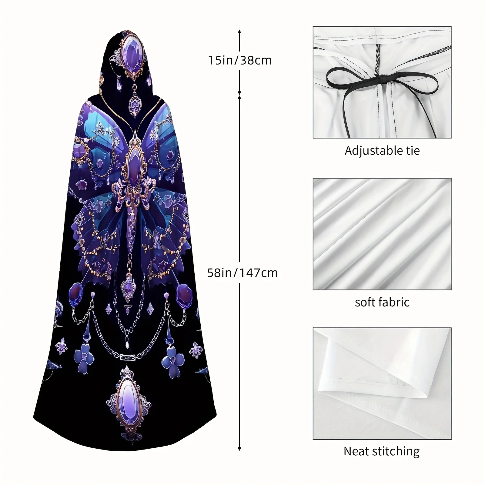 1pc Adult Cloak Hooded Robe Elegant Jeweled Butterfly Cape with Deep Purple Golden Accents, Machine Washable Costume