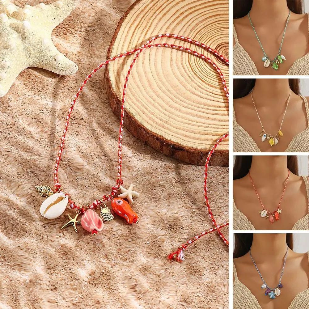 الهدايا الدوبامين المحيط نمط شل قلادة قابل للتعديل البوهيمي السيراميك الأسماك قلادة القلائد نسج الملونة حبل السيراميك قلادة