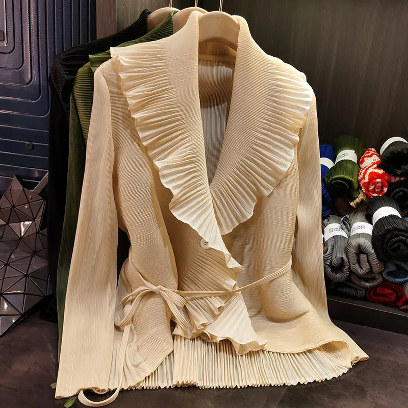 Miyake Pleated Spring New Arrival Niche Casual Pleated Ruffled Collar Jacket Top Versatile Loose-fitting Solid Color Cardigan