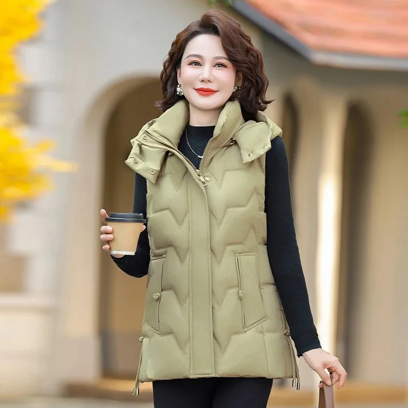 Woman Vest Autumn Winter Warm Down Cotton Vests Thick Removable Hooded Waistcoat Elegant Sleeveless Jacket Vest Coat Female 7XL