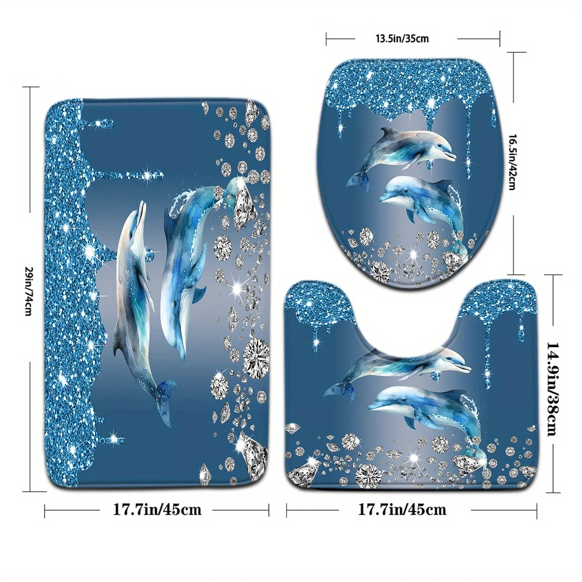 3-piece blue dolphin diamond pattern bathroom floor mat set toilet lid U-shaped foot mat suitable for bathroom decoration