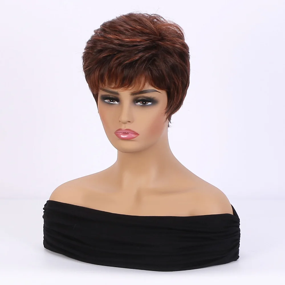 Women\'s Fashion Short Synthetic Wigs Pixie Cut Brown Ombre Hair Costume Party Wigs for Woman Fluffy Natural Curly Wavy Wig