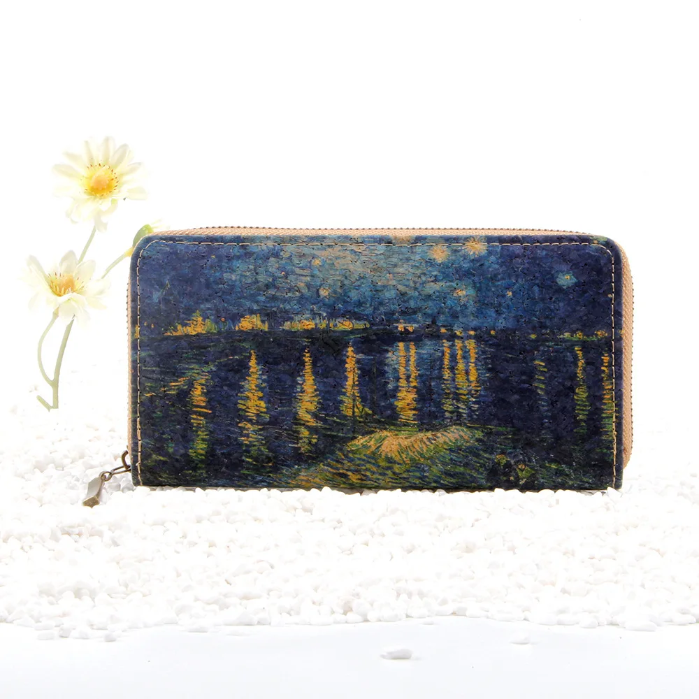 Classic Oil Painting Theme Long Wallet, Starry Sky Pattern Clutch Coin Purse, Retro Ultra-light Cork Texture Credit Card Holder