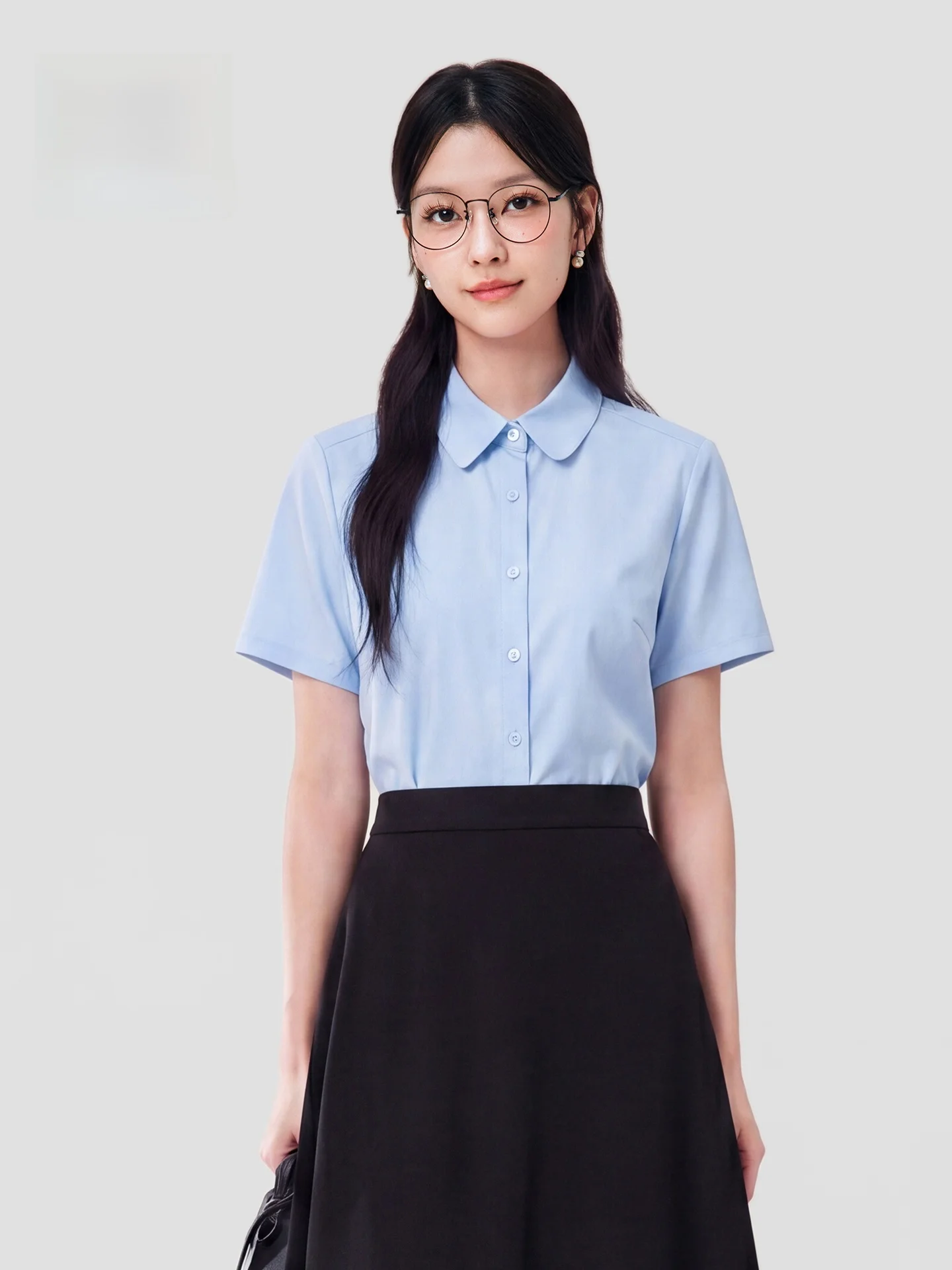 

Blue Short Sleeve Slim Fit Shirt for Women Summer Professional Interview Commute Formal Top Korean Style Polyester Blend