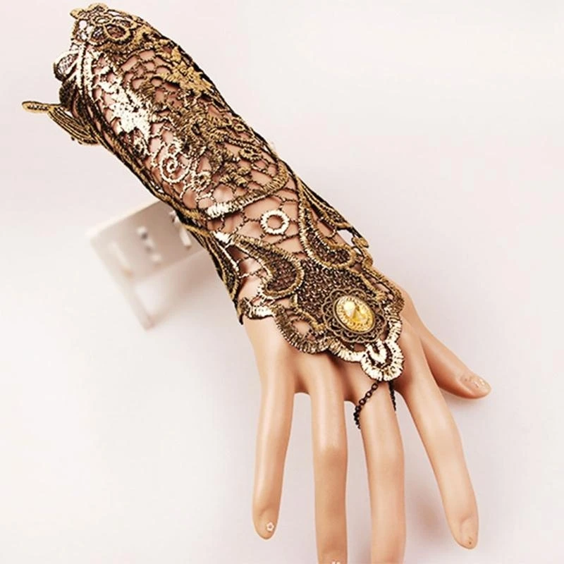 Mittelalterliche goldene Spitzenhandschuhe, Steampunk-Spitze, fingerlose Handschuhe, schöner Fingerring, Cosplay-Zubehör für den Valentinstag