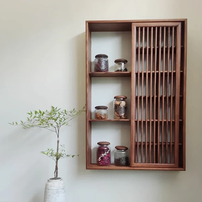 New Chinese style ebony wood Duobao Pavilion lattice teacup ornaments, tea set shelf, hanging on the wall, shelf, pure solid woo