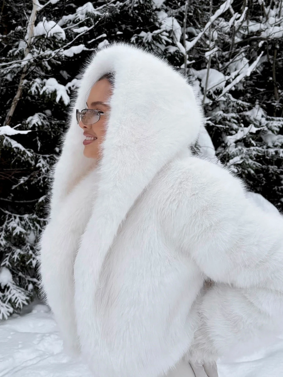 2026 Autumn Winter Women Faux Fur Jacket Hooded Lapel Collar Fluffy Long Hair Cropped White Coat