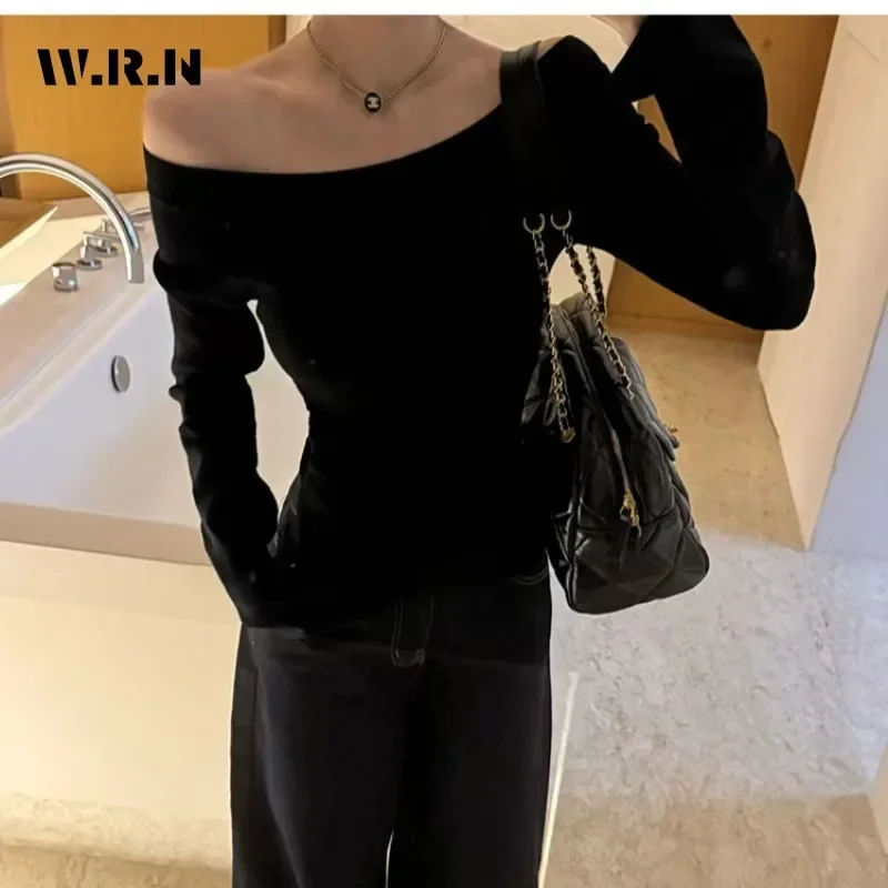 2025 Spring Hotsweet Casual One Shoulder Knitting Long Sleeve T-Shirts Women Coquette Solid Color Sheath Ladies Sexy Tees Tops