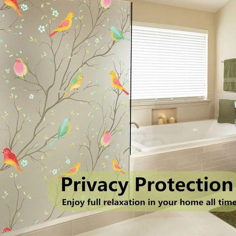1/2M Frosted Window Film Privacy Opaque Non-Adhesive Bird Decals Glass Vinyl Film Static Cling Stained Window Sticker Home