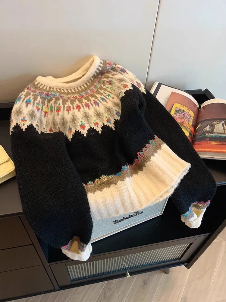 Autumn Winter Color Blocking Women Pullovers Casual Long Sleeve Short Knitwear O-neck Loose Fashion All-matched Knitted Sweater