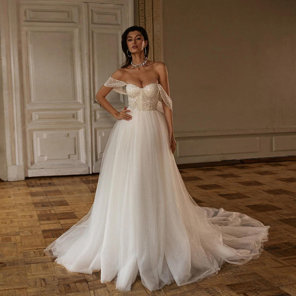 

Elegant Strapless Wedding Dresses with Sequined Off Shoulder Soft Tulle Bridal Gowns for Women 2024 New Summer Vestidos De Novia