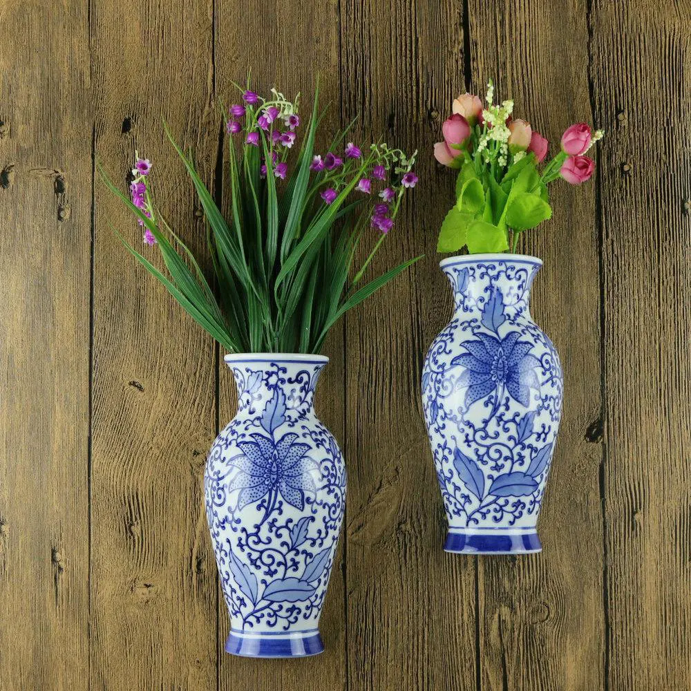Chinese Jingdezhen Ceramic Vase Hand drawn Flower Bird Teapot Hanging Bottle Wall Hanging Half Bottle Decorative Pendant Vase