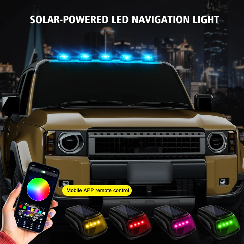 5Pcs Solar Truck Cab Marker Lights RGB LED Vibration Sensor APP Remote No Drill Roof Strobe Lights