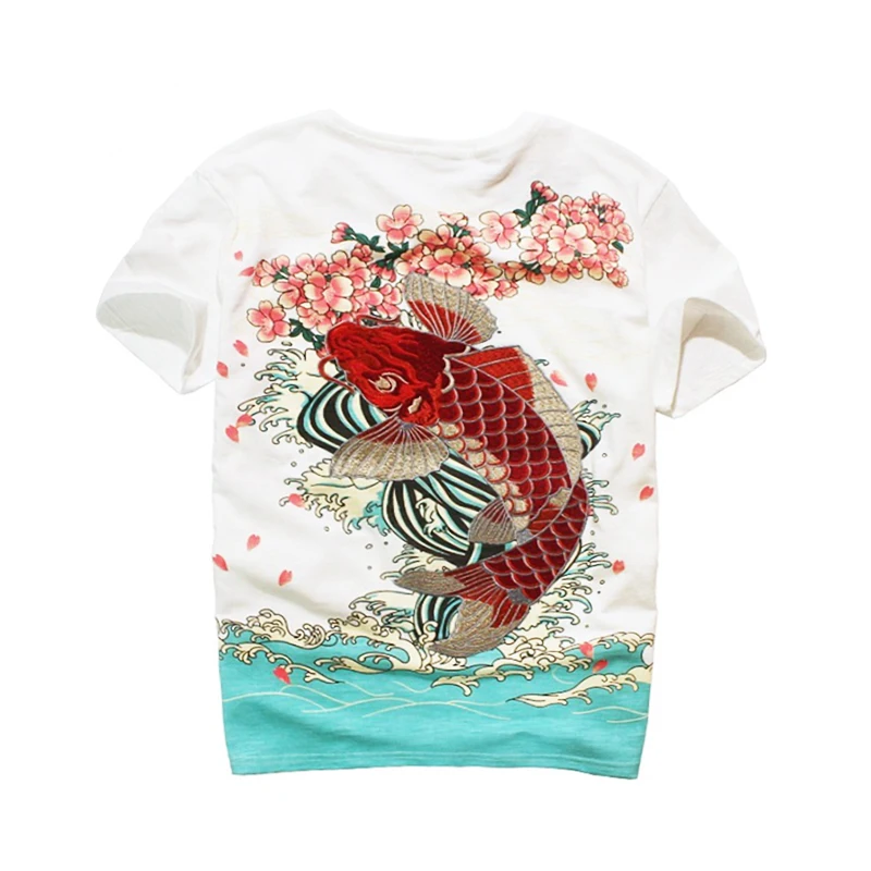 Lyprerazy Chinese Style Painted Flower Carp Embroidery Men\'s T-shirt Harajuku Summer Short-sleeved Top Tees