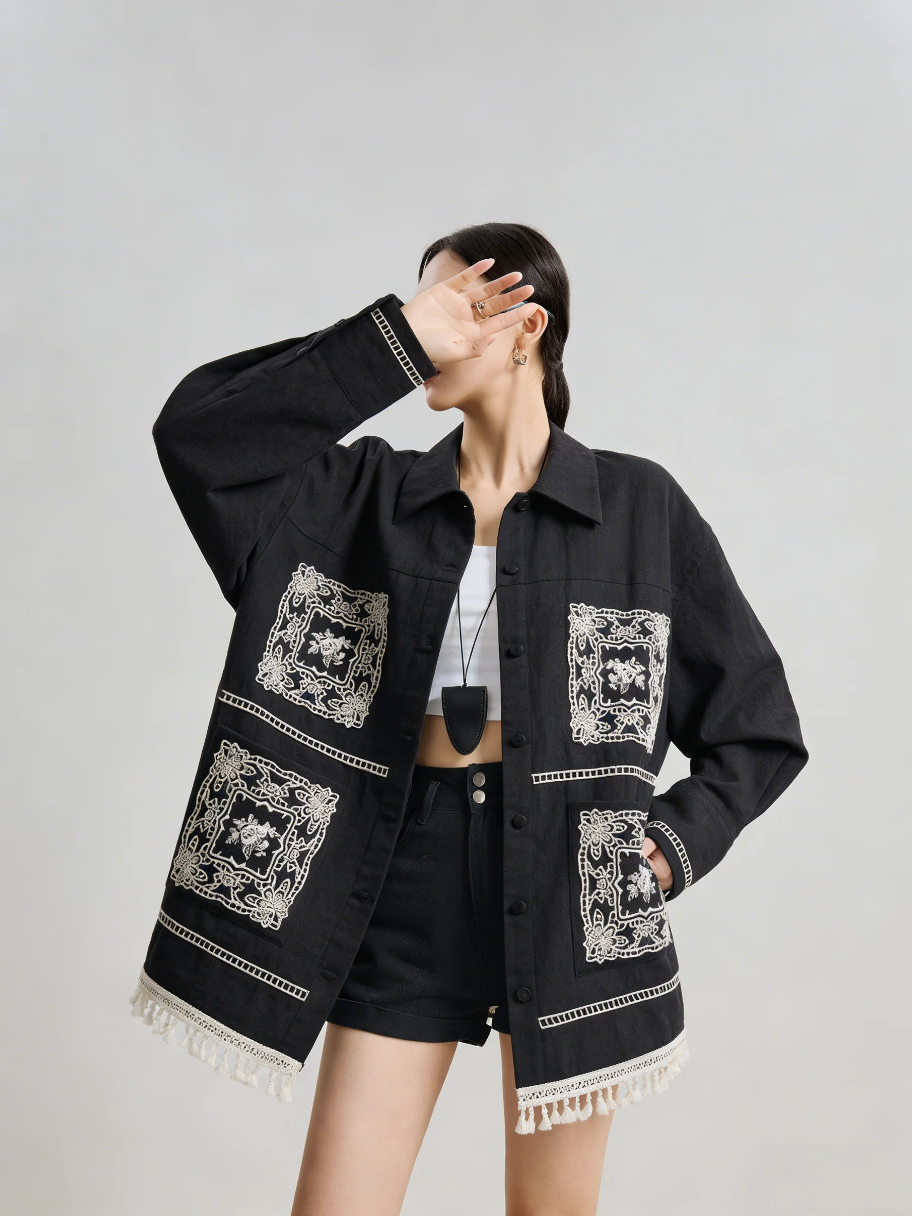 

Bla Fringed Hem Long Sve irt Jaet Women's Spring Faion 2026 Casual Sle Loose Fit Polyester Fiber Casual irt