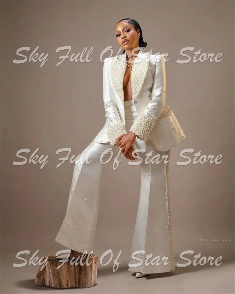 Elegant All Over Pearl Embellished Women Suit Set 2Pcs Long Sleeve Satin Blazer Flare Pants Wedding Prom Evening Office Outfit