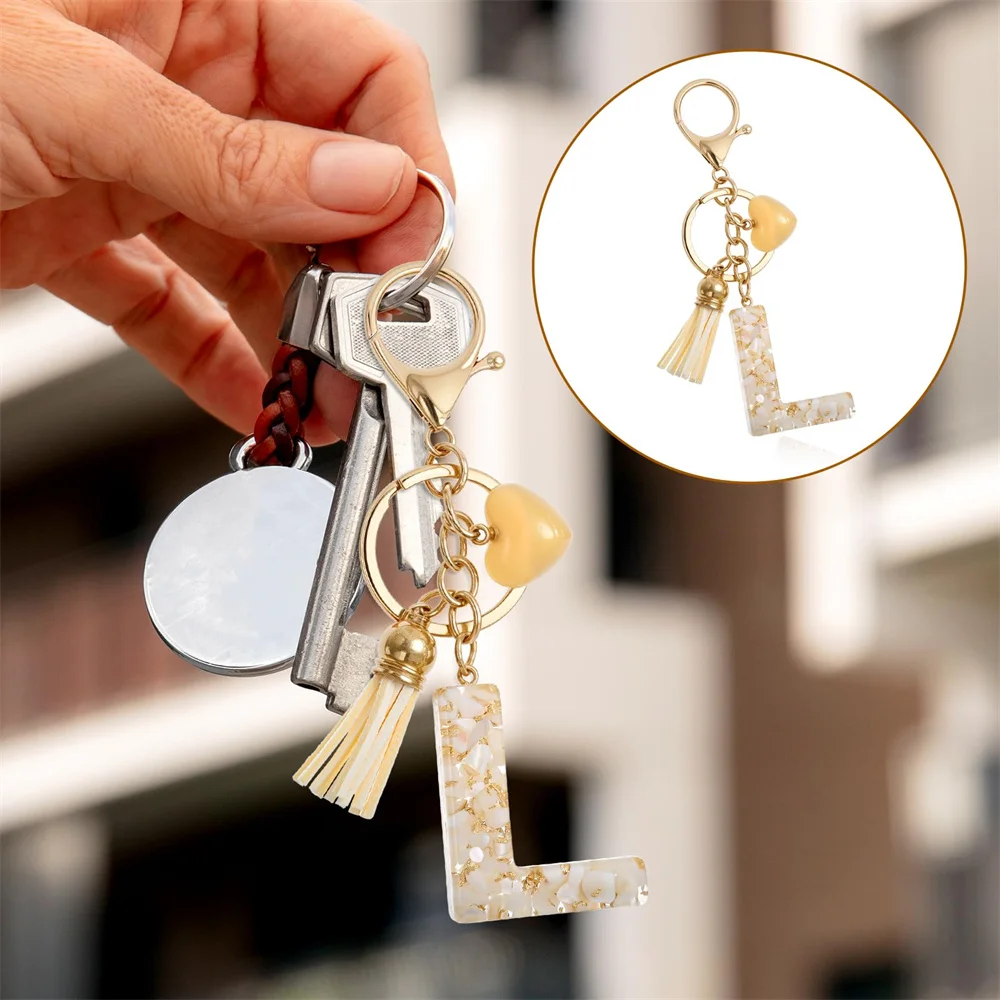 HOLIN Cute Letter L Keychain Keyring Key Chains Initial Pendants Wallet with Tassel Heart for Purse Handbags Women Girl