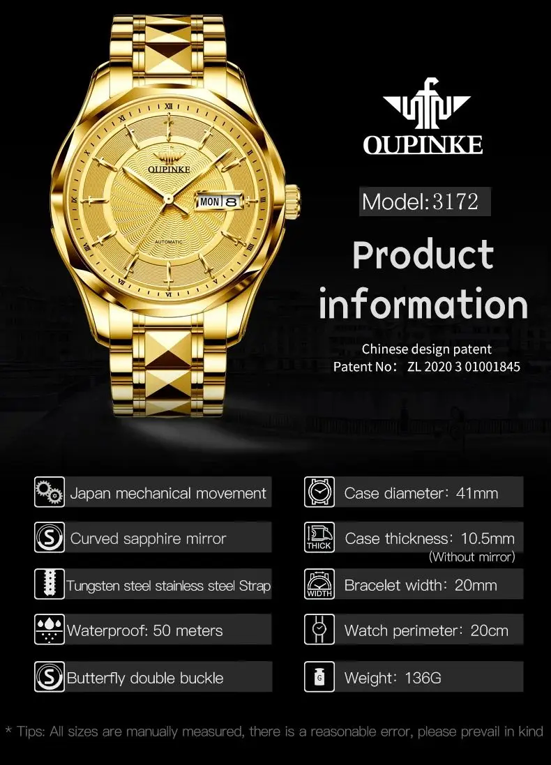 OUPINKE 3172 Top Brand Business Mechanical Watch For Men Dual Calendar Original Automatic Wristwatch Luxury Waterproof Man Watch