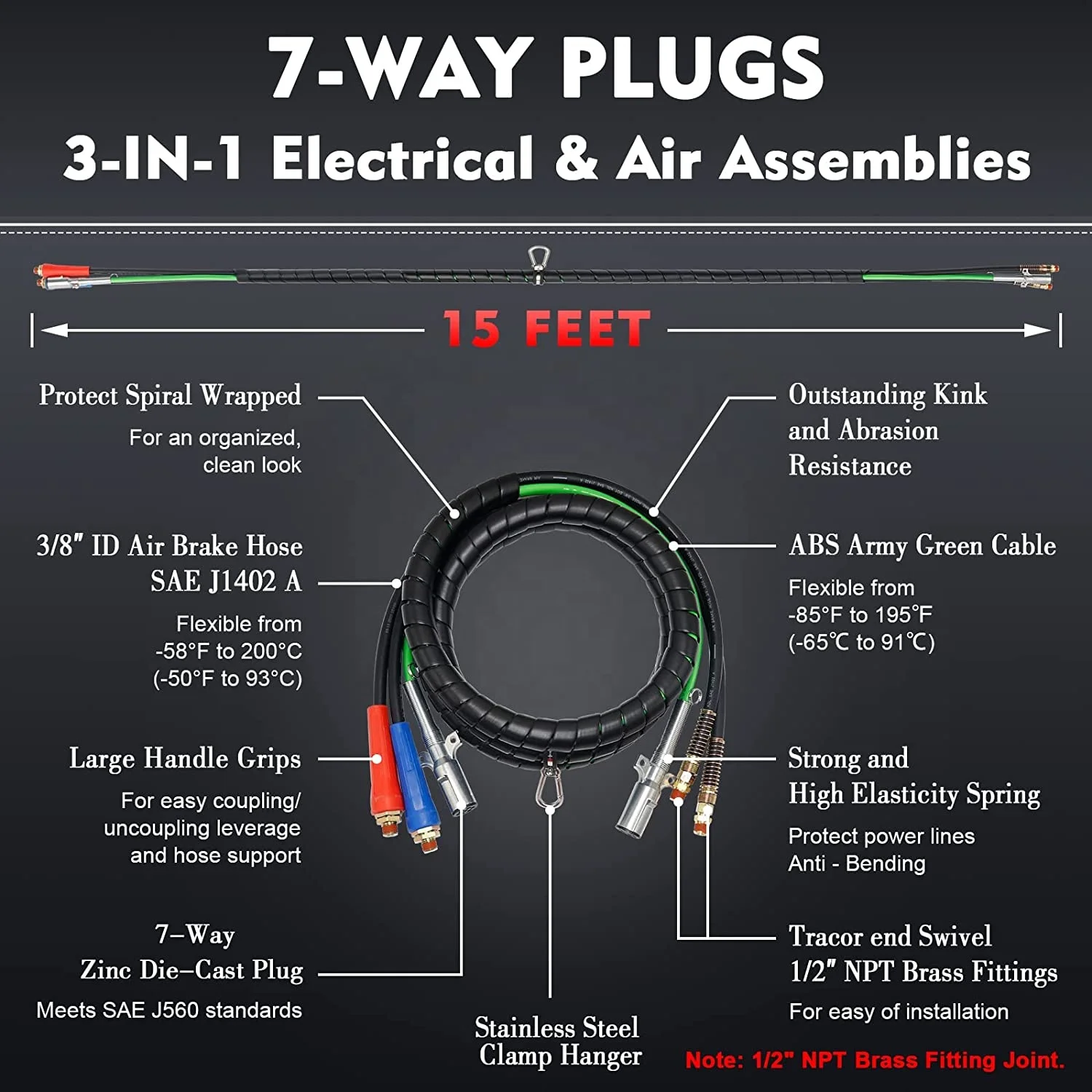 15 Ft 3 in 1 Wrap 7 Way ABS Electrical Cord Cable and Rubber Air Lines Hose Assembly for Semi Truck Trailer Tractor