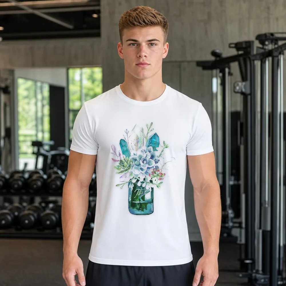 Men Summer Tee Crystal Succulent Jar Graphic Watercolor Botanical Short Sleeve Casual Holiday Wear Top Funny