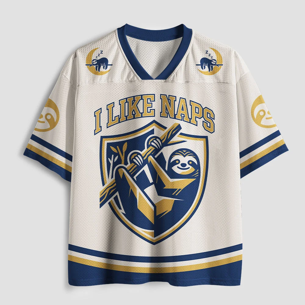 I Like Naps Lazy Sloth Shield Moon Print V Neck Mesh Jersey, Badge Letter Graphic Short Sleeve Shirt, Preppy Casual Sports Tops