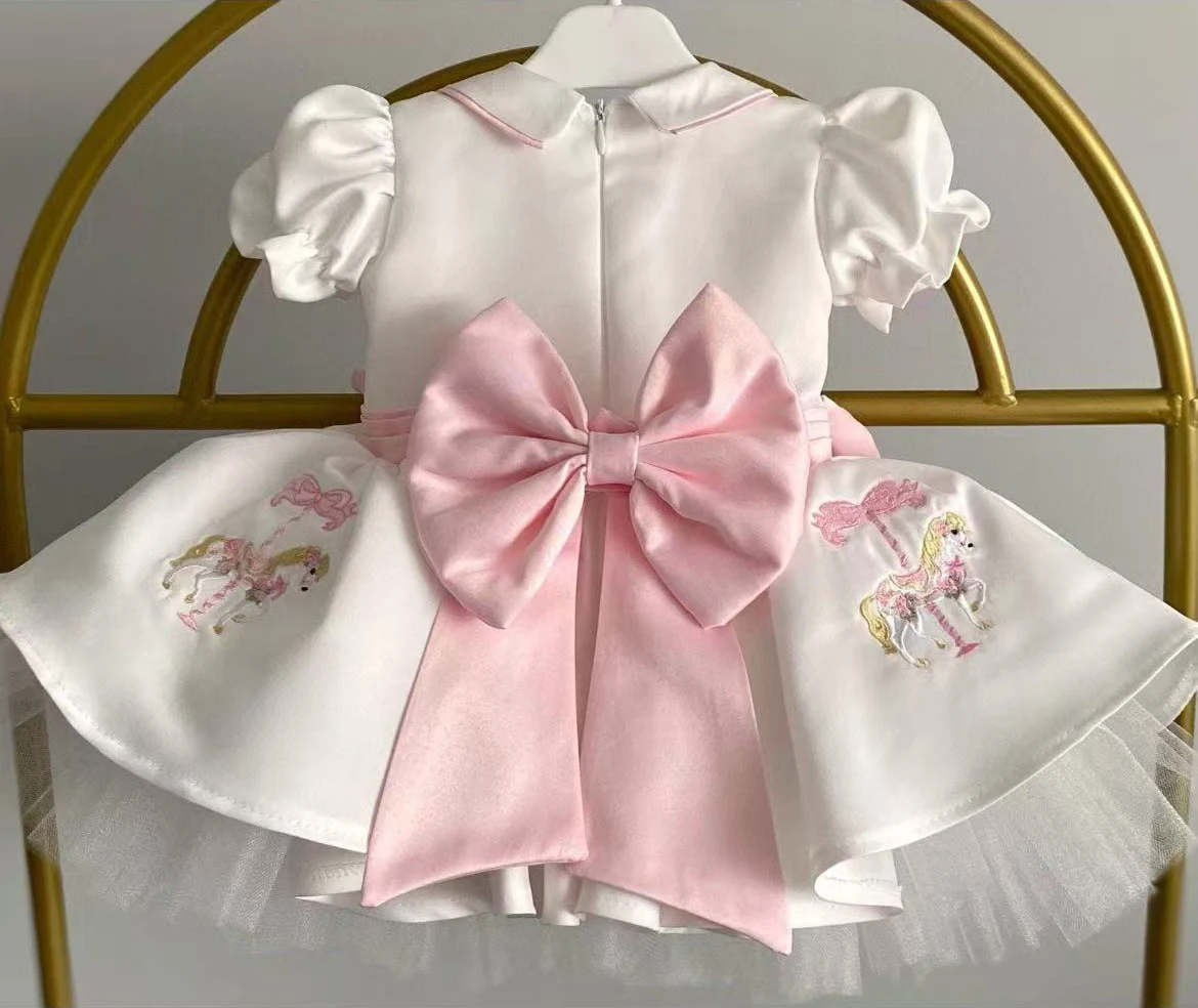 0-12Y Summer Baby Girl Flower Embroidery White Vintage Ball Gown Princess Dress for Casual Party Birthday Eid Photography B342