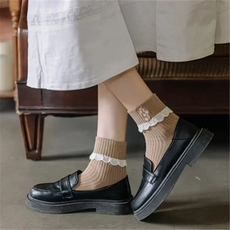 Japanese Kawaii Cute Socks JK Lolita Lace Frilly Ruffle Socks Women Fashion Flower Embroidery Harajuku Retro Vintage Crew Socks