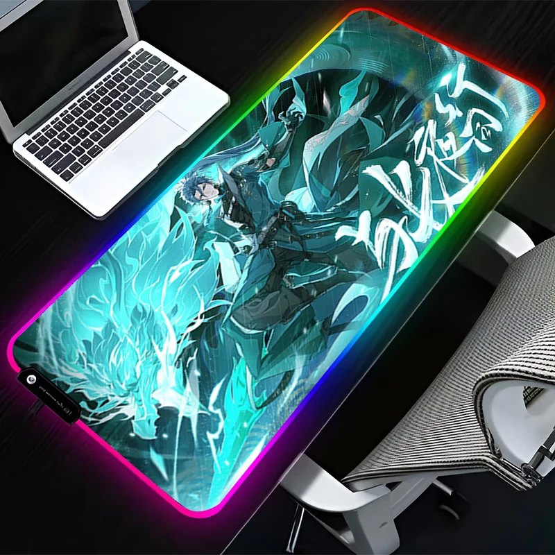

Коврик для мыши со светодиодной подсветкой RGB, аксессуары для компьютерного стола, коврик для мыши, резиновый коврик для клавиатуры HD, нескользящий коврик для мыши W-wuthering Waves Jiyan, настольный коврик