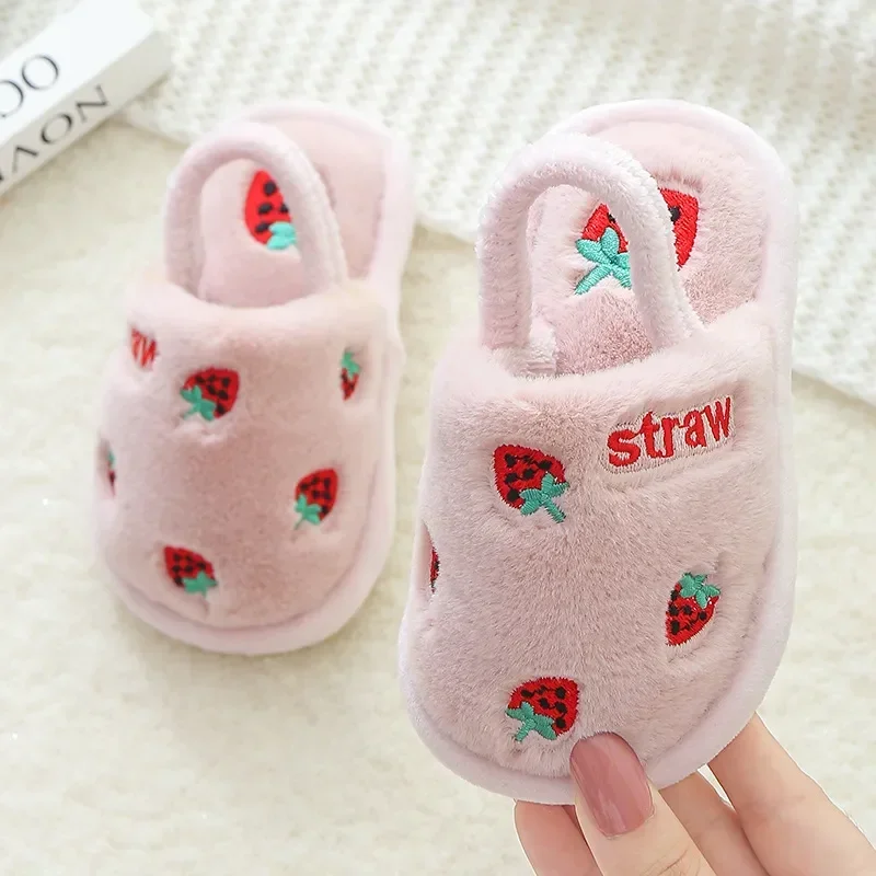 2023 Baby Autumn Winter Children Girls Fruit Print Indoor Home Fleece Fur Warm Slippers Boys Kids Non-Slip Toddler Cotton Shoes