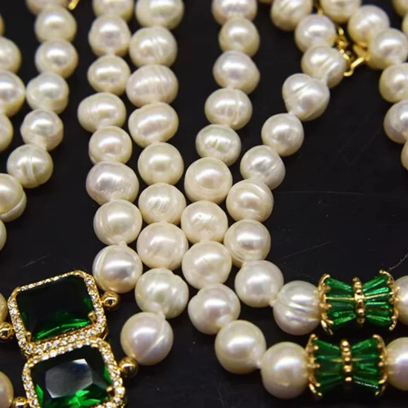 Set freshwater pearl necklace white near round 7-8mm necklace and bracelet green zircon PENDANT