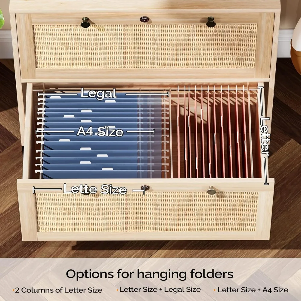 Wood Rattan 2-Drawer Lateral File Cabinet with Lock for Home Office, Lockable Filing Cabinet with Rustic Metal Handles for Hang