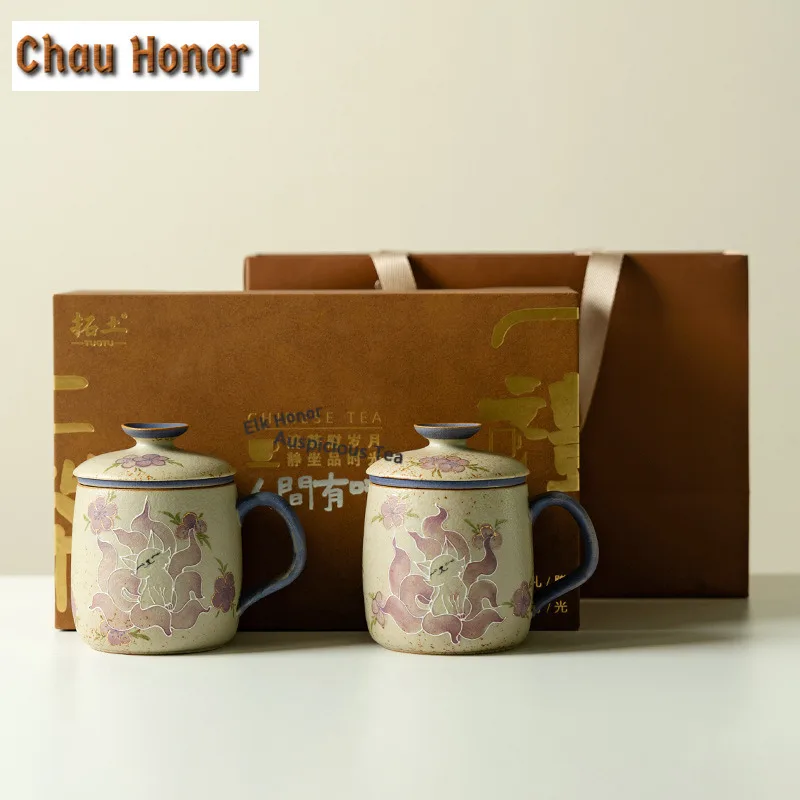 

430ml Pure Hand-drawn Nine-tailed Fox Filter Tea Separator Cup Luxury Tea Mug with Infuser Tea Maker Office Water Cup Cafes