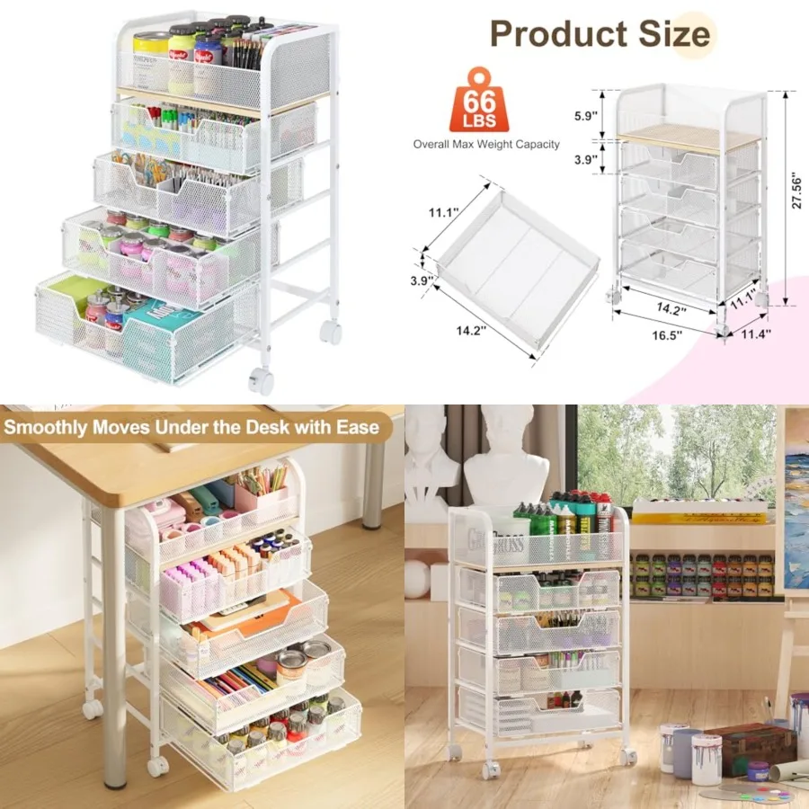 

5-уровневая тележка-органайзер для рукоделия на колесах с выдвижными ящиками и блокируемыми колесами, передвижная тележка для хранения и творчества