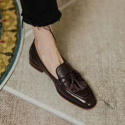 Retro British Style Square Head Women's Loafers Shoes 2024 Summer New Style Tassel Comfortable Single Shoes Women Brown Shoes