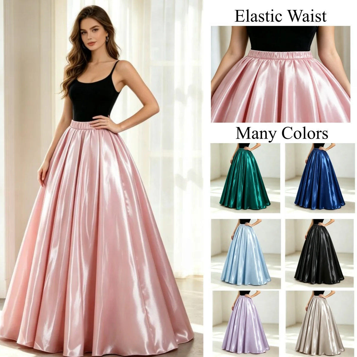 Glossy Satin Elastic Waist Maxi Skirt Women Customized High Waist Flared Long Skirts Wedding Guest Prom Evening Formal Occasion
