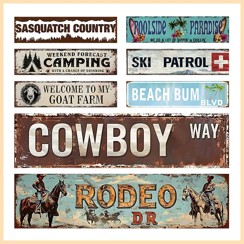 Vintage Western Outdoor Metal Tin Sign Cowboy Rodeo Sasquatch Beach Farmhouse Style Wall Plaque for Cabin Home Bar Decor
