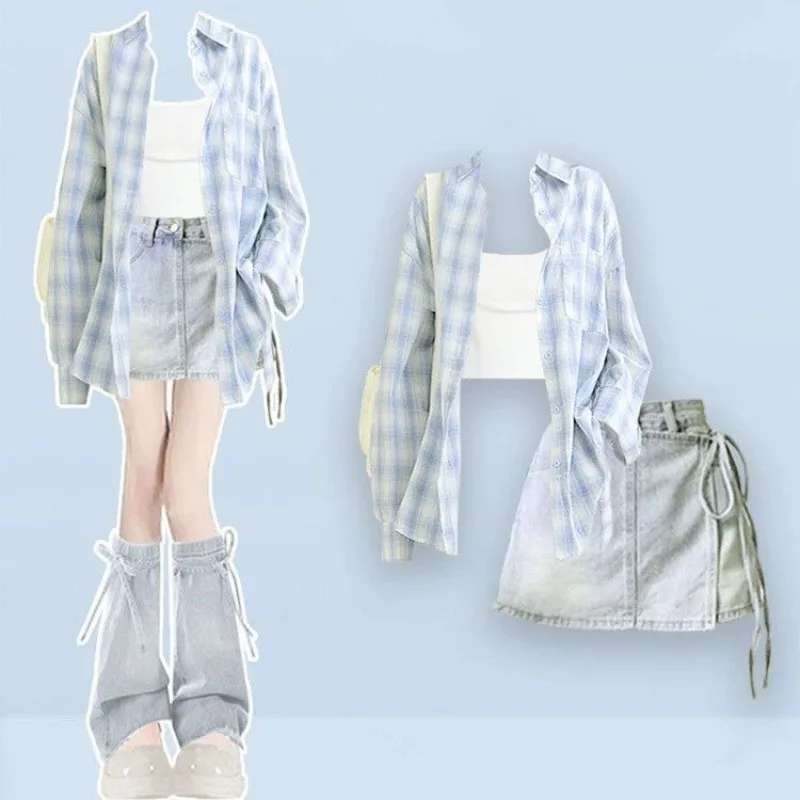 2025 Spring Summer Blue Plaid Sunscreen Shirts Sling Mini Denim Skirts 3 Piece Suits Women Fashion Bandage Skirts Tops Outfits